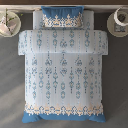 Image of Spaces Fiora Ornate Single Bedsheet with 1 Pillow Covers | 100% Cotton Bed Sheet | Percale Bedding Set | Super Soft & Breathable Bedsheet | Light Blue | 152 x 228 Cm
