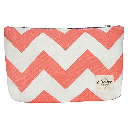 Canvasify Chevron Canvas Travel/Make up Pouch | Staionary Box | Toiletry Bag | Cosmetic Organiser (Coral)