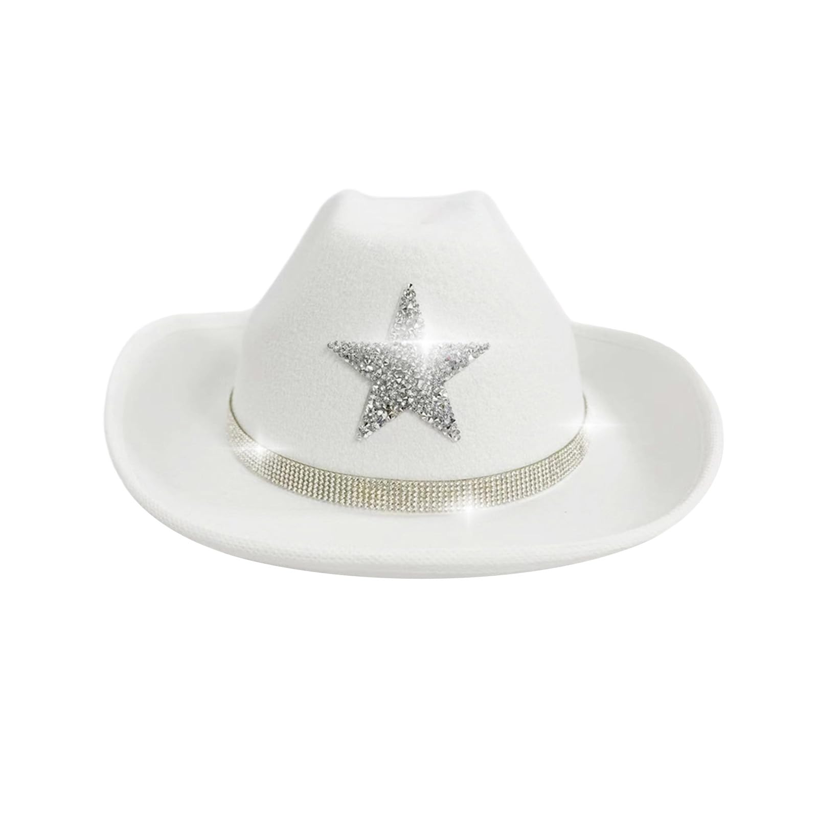PWGGMAA Kids White Rhinestone Star Cowgirl Hat, Sparkly Wide Brim Felt Western Cowboy Hat for Girls, Party Costume Accessory (White, ONE SIZE)