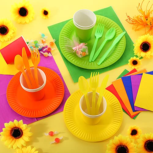 420 Pieces Rainbow Disposable Dinnerware Tableware Set 7 9 Inch Colorful Party Paper Plates Paper Cups Napkins Spoons Forks Knives Complete Party Pack for Birthday Neon Fiesta Party Supplies - Thumbnail 4