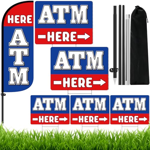Moukeren Atm Here Feather Flag Banner Kit with 5 Yard Signs 7ft Tall Pole Weatherproof for Outdoor Business Advertising Increased Visibility for Stores Events