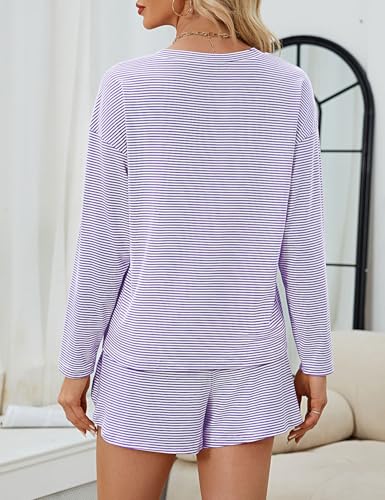 JUSTFASHIONNOW Womens Long Sleeve Lounge Set 2 Piece Cute Sleep Wear Striped Sleepwear Comfy Split Short Pajama Set Soft Fall Outfits Loungewear Pj sets (Purple, Large) — view 5