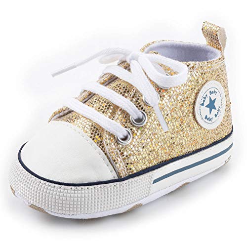Baby Boys Girls Star High Top Sneaker Soft Anti-Slip Sole Newborn Infant First Walkers Canvas Denim Shoes (12Cm, B-Gold, 6_Months) #TOP5