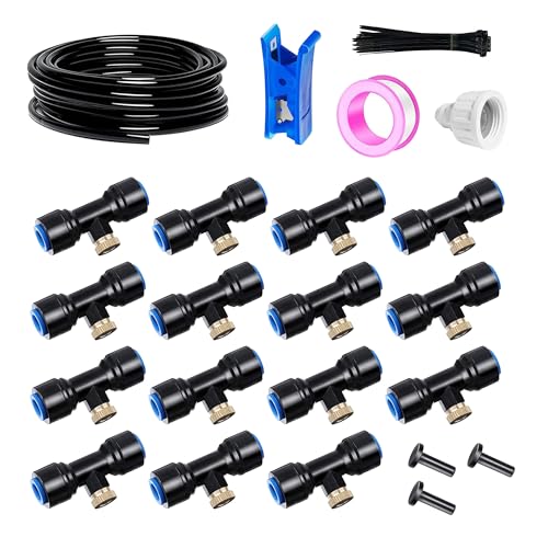 HUAZIZ Misters - Sistema de riego para terraza al aire libre, sistema de niebla, 20 m, 6 mm + 15 boquillas de niebla azul T, sistema de niebla exterior para paisaje, cama de flores y plantas de patio