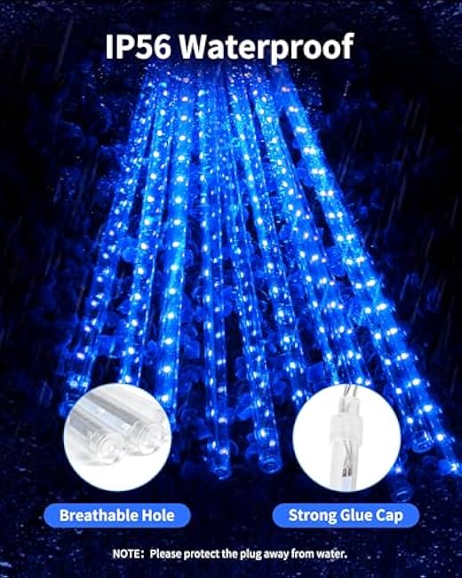 Blingstar Meteor Shower Lights Outdoor 10Tubes 16 Inch 360 LED Christmas Lights Waterproof Falling Rain Light Plug in Dripping Icicle Light for Tree Porch Roof Yard Xmas Halloween Decoration, Blue