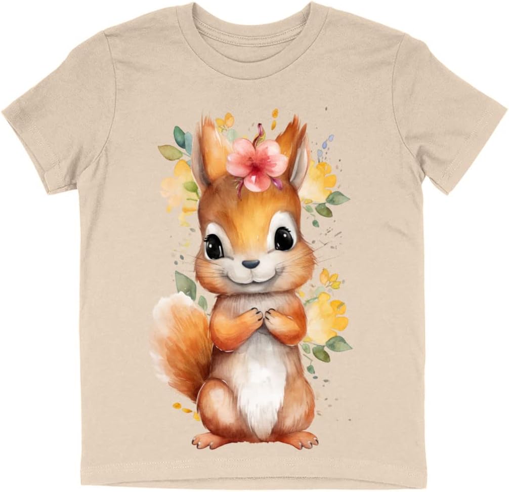 Squirrel Print Kids' T-Shirt - Watercolor T-Shirt - Flower Tee Shirt for Kids