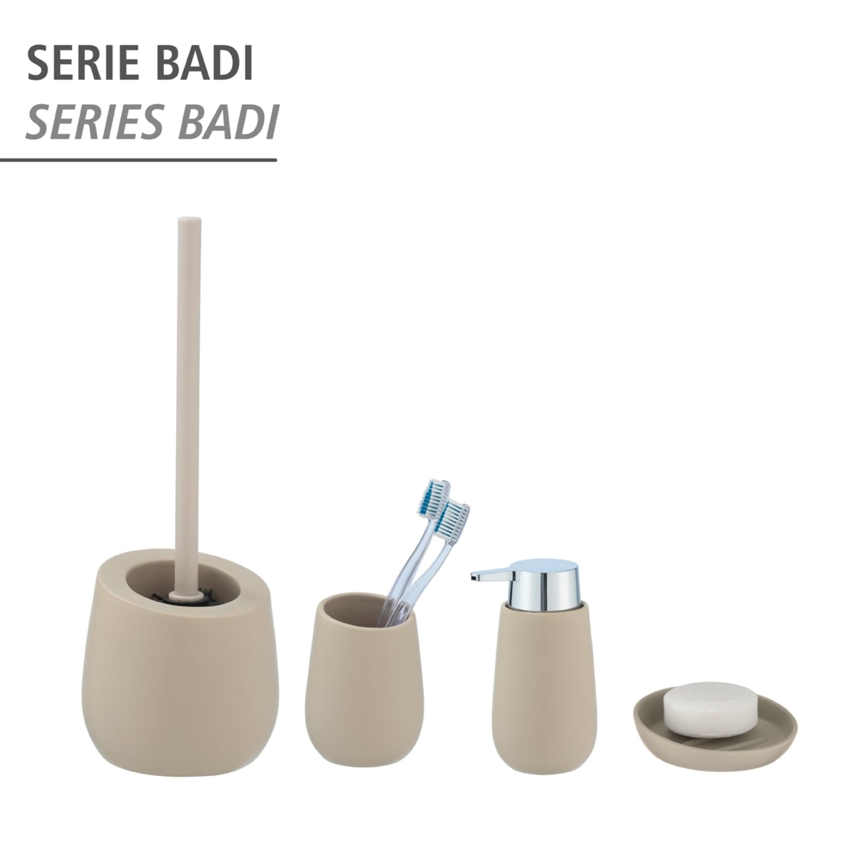 WENKO Spazzolino da bagno Badi beige ceramica - Portascopino WC con ciuffo in silicone e puliscibordo, Ceramica, 13.5 x 38 x 13.5 cm, Beige