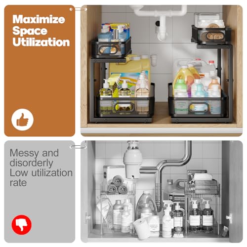 Image of 2 Pack 19.3IN-Depth Under Sink Organizer with Smooth Cylindrical Rail,2-Tier Pull Out Multi-Purpose Cabinet Storage for Bathroom&Kitchen,Height Adjustable,Rust-Resistant Coating-Black