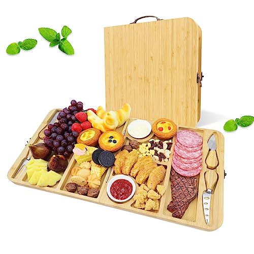 Travel Charcuterie Boards 23"x11" Foldable Bamboo Serving Board Large Cheese Tray Set Food Platter Snack Dessert Fruits Eating Tray for Coffee Table/Ottoman/Party/Picnic/Gifts