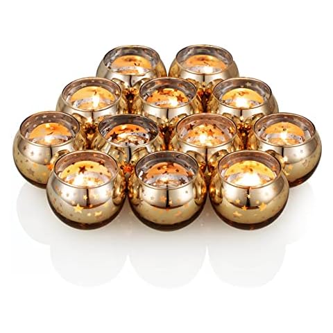 ZYOOO Glass Tealight Votive Candle Holder for Weddings, Parties,and Table Ramadan Decoration - Gold Star - 5x5cm - Set of 12 Cover