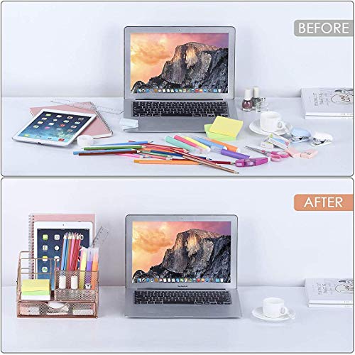 Image of Desk Organizer with Drawer | Metal Mesh Multipurpose 6 Compartment Storage Holder | Stationery, Makeup, Office Supplies Organizer (Rose Gold) (22.3X15X14.9 CM)