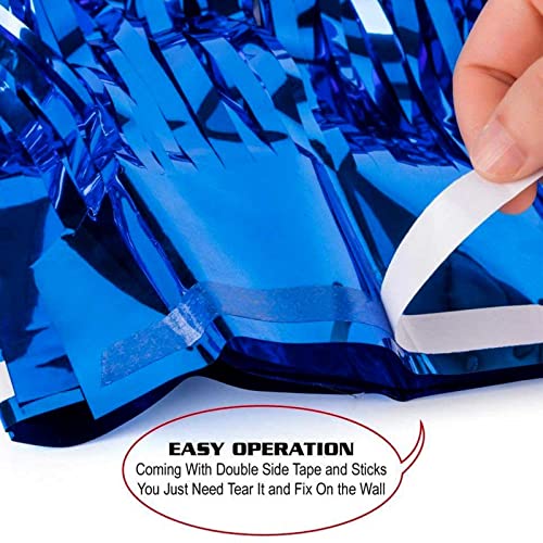 Image of 4 Pack Blue Foil Fringe Curtain Backdrop, 3.28Ftx8.2Ft Metallic Tinsel Streamers for Sea Party, Photo Booth Props, Birthday, 2022 Summer Ocean Theme Party Decoration Supplies