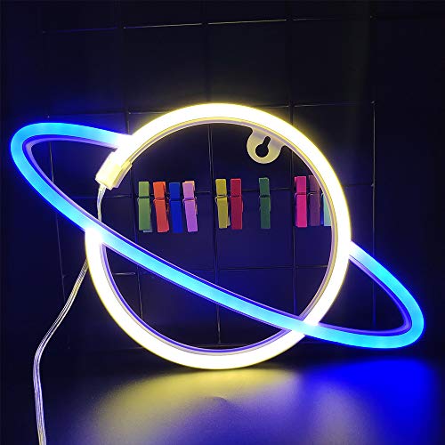 ENUOLI Planet Neon Signs Planet Hanging Neon Lights USB/Battery Operated LED Planet Neon Lights Cute Wall Neon Night Lights for Room Home Store Holiday Celebration Wedding Party Decor(White Blue)