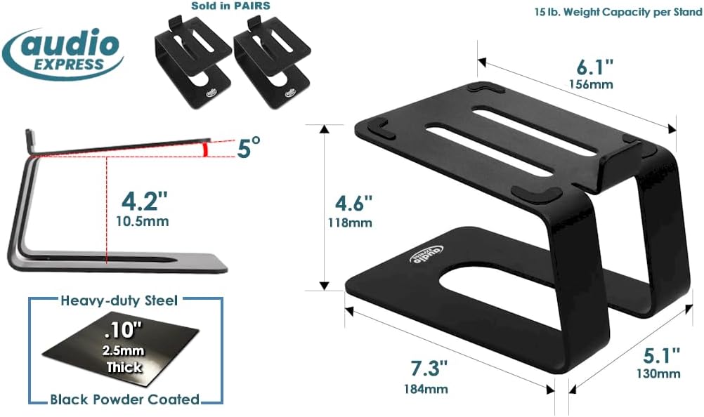 Audio Express Metal High Rise Speaker Stands, Desktop, Tilted Speaker Risers, Gaming, PC, Freestanding, Bookshelf, Studio Monitor Stand, Heavy-Duty Steel (Pair)