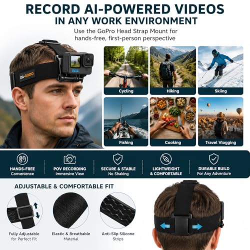 Image of Head Strap Mount with Phone Holder for GoPro Hero 13 /12 /11 /10 /9 /8, DJI Osmo Action 5 /4 /3, Insta360 X5 /X4 /X3, Universal Smartphone Head Mount for POV Recording, Vlogging & Cycling