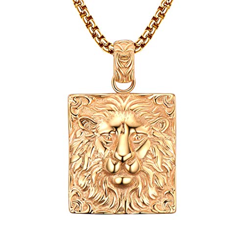 BBBGEM 18K Gold Plated Square Carving Animal Lion Lotus Medal Dog Tag Medallion Amulet Pendant Necklace for Men Hiphop Jewelry