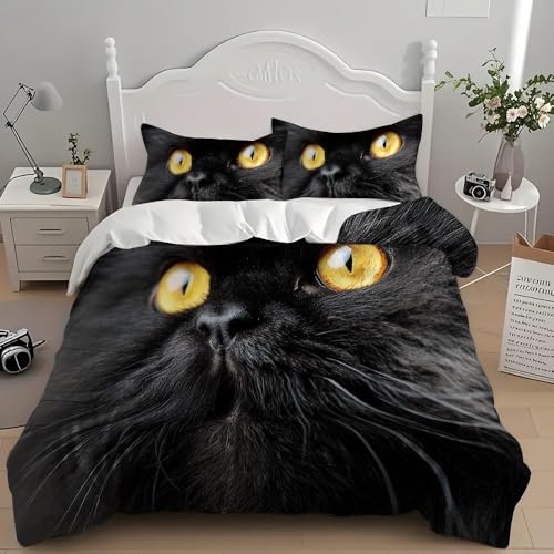 Housse de Couette Chat Persan 90x190 Parure de Lit Noir 3 Pcs