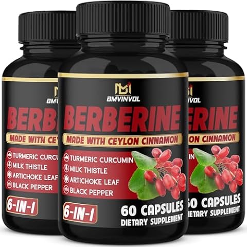 (3 Packs) Berberine Supplement Plus Ceylon Cinnamon, Milk Thistle, Turmeric, Artichoke Leaf, Black Peppe - 6 Month Supply - 180 Capsules Total Cover