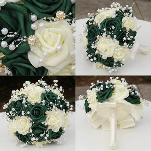 Ramo de novia artificial elegante con rosas eternas blancas y verdes 6