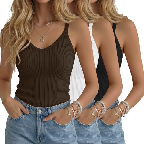 3 Pack Women's Ribbed Tank Tops Spaghetti Strap V Neck Slim Fit C...