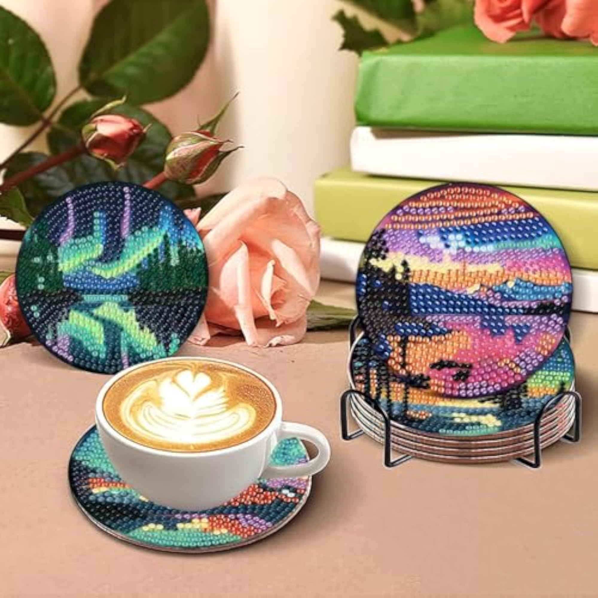 Aurora Diamond Painting Coaster Set with Holder, DIY Gift
