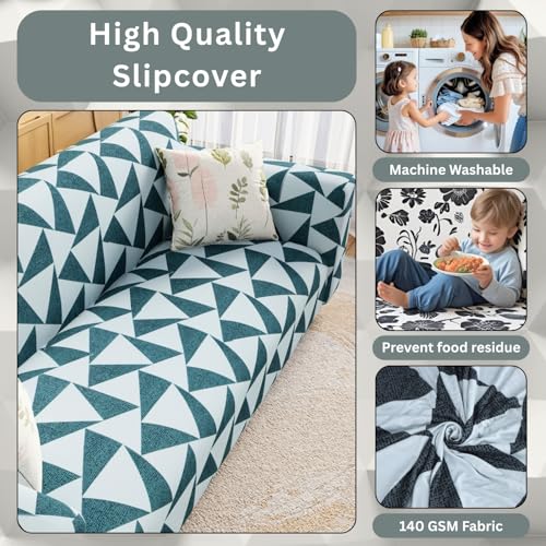 Image of Lukzer 3 Seater Grey & White Triangle Universal Sofa Cover | 360 Fully Covered Anti-Slip Washable Couch Cover Protecter | 140 GSM Stretch Fit Polyester + Spandex Slipcover (180-230cm /SC-037-03)