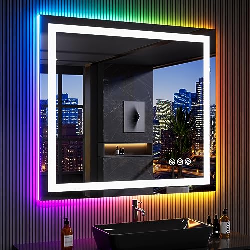 LOAAO 40”X38“ RGB LED Bathroom Mirror with Lights, Large, Anti-Fog, Dimmable Smart Lighted Bathroom Vanity Mirror, Multiple Light Modes, RGB Backlit + Front Light, Memory Function, Tempered Glass