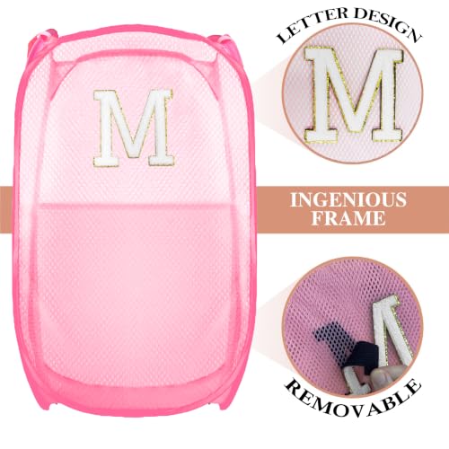 Image of Collapsible Pop Up Laundry Hamper, Extra Large with Removable Initial Letter M, Mesh Foldable Laundry Basket, 28 inch x 16 inch x 16 inch (Pink)