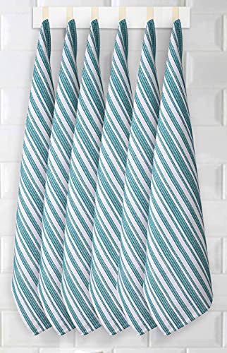 Goroly Home 6 Pack 100% Cotton Farmhouse Vintage Dish Towels Tea Towels Highly Absorbent Quick Dry Professional Grade With Hanging Loop - Stripes - 18X28 Inch - Teal #TOP6