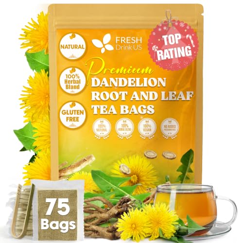 Image of FreshDrinkUS, Premium 75 Dandelion Leaves and Roots Tea Bags, 100% Natural & Pure, Herbal Tea, Daily Infusion Botanical, No Sugar, No Caffeine, No Gluten, Vegan. Powerful Support.