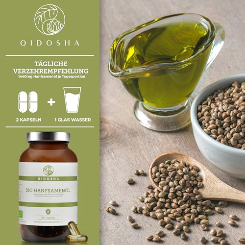 QIDOSHA® Bio Hanfsamenöl Kapseln vegan, 180 Stk, Hanfsamen aus Frankreich und Kanada, 1440 mg je Tagesportion (2 Kapseln), hoher Anteil an Omega 3, 6 und 9 Fettsäuren