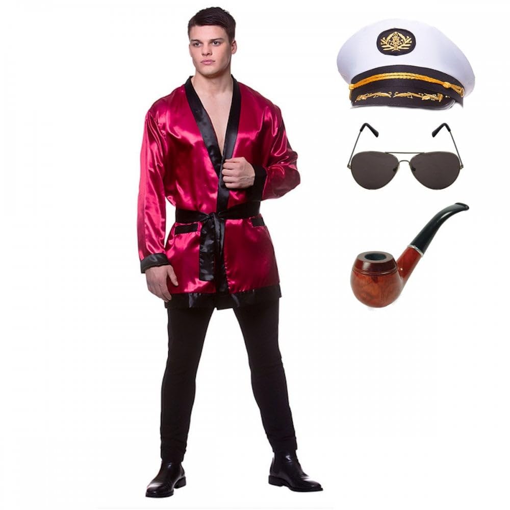 Hollywood Batchelor Costume + Captains Hat + Aviator Glasses + Pipe : Adult Men Smoking Jacket Robe Fancy Dress (Plus Size)