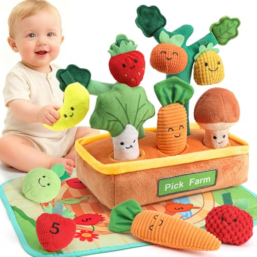 Image of Mini Tudou Baby Toys 6-12 Months-Fruits Veggies Farm Stuffed Toys 15PCS-Sensory Educational Toy Mushroom Carrot with Rattle Squeaker Crinkle Texture Color Shape Number Matching Gifts