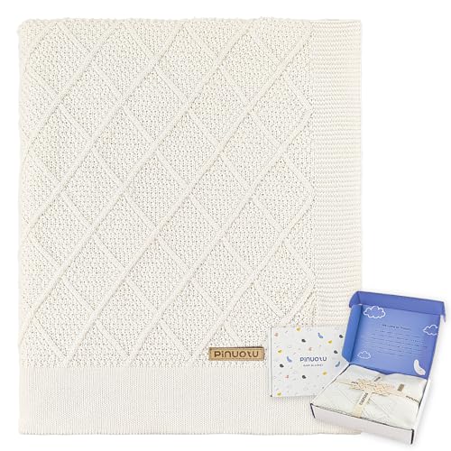 Image of Pinuotu Knitted Cotton Baby Blanket – Neutral Receiving Swaddle Blanket for Boys & Girls, Newborn Toddler Nursery, Crib or Stroller Use, 31×40 Inch, Gift Box Included (White)