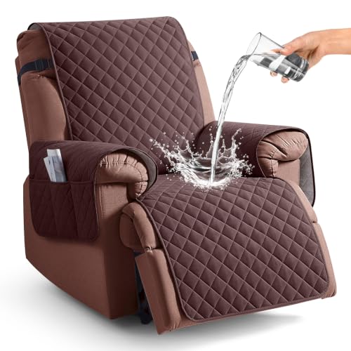 Image of KinCam 100% Waterproof Recliner Chair Cover, Reclining Couch Covers for Pets, Dogs, Recliner Couch Slipcover Furniture Protector with Elastic Straps for Kids(28 inch, Coffee)