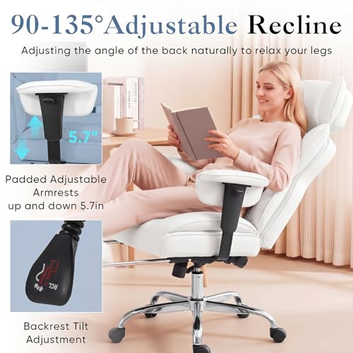Image of DUMOS Big and Tall Home Office Desk Chair, Ergonomic Executive Chair with Footrest, Computer Gaming Chairs with High Back Reclining, Adjustable Armrests and Comfy Lumbar Support, PU Leather, White