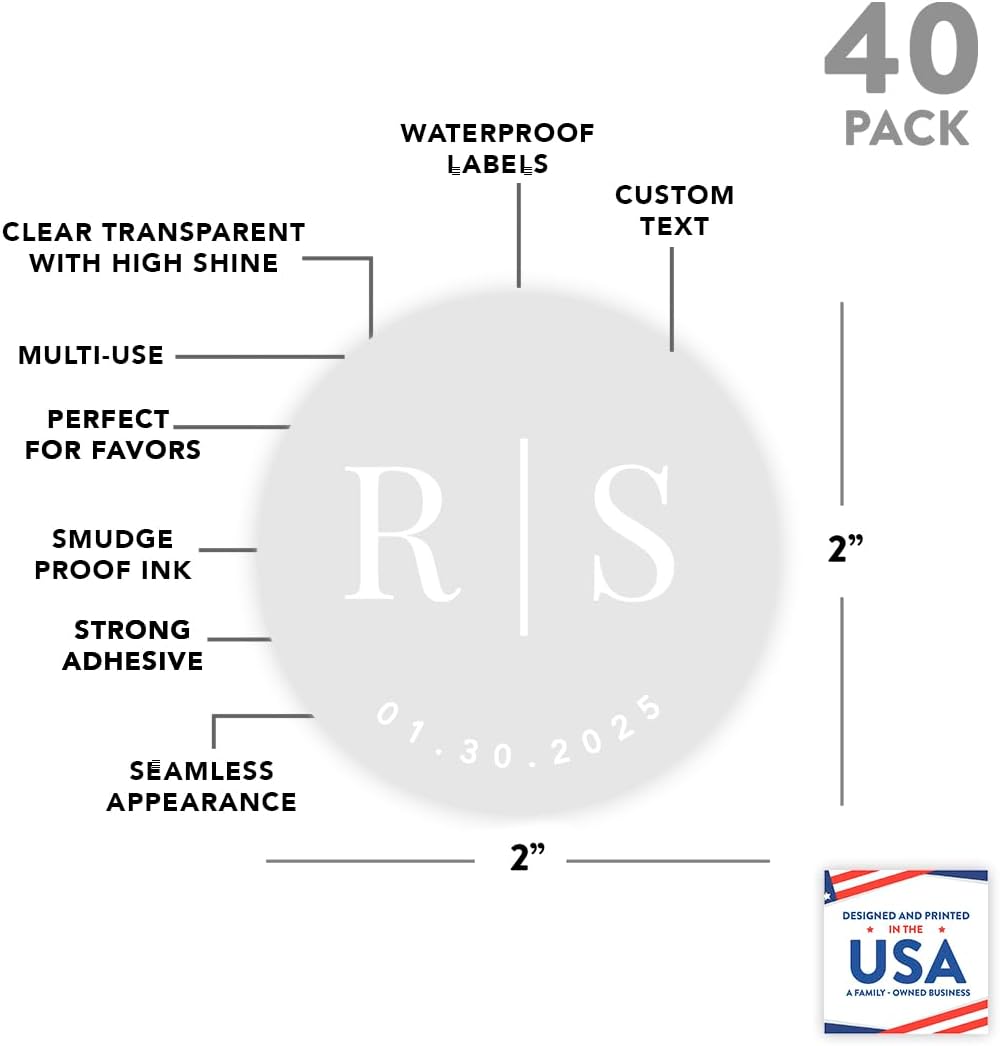 Andaz Press 2" Round Clear Personalized Wedding Sticker Labels with White Custom Minimal Monogram Transparent Vinyl Envelope Sealer Self-Adhesive Labels for Wedding Invitation Favors Cards, 40-Pack