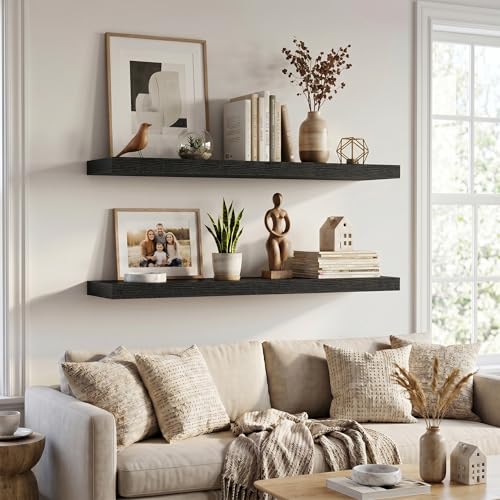 Image of Fun Memories Deep Floating Shelves, 36 inch W x 12 inch D Wood Floating Shelves for Wall, 3 Pack Extra Deeper & Thicker Wall Mounted Storage Shelf for Living Room Laundry Room Kitchen Home Office, Black