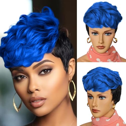 QITAQOTA Pixie Cut Wig Pixie Wigs for Black Women Wig Colorful Wigs for Women Short Curly Wig Synthetic Wigs for Black Women Blue Wigs C68