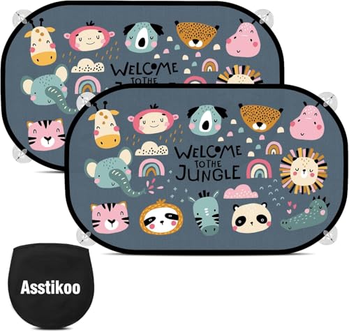 Asstikoo Car Window Shades for Baby with UV Protection, Car Sun Shades for Kids, Sun Visor Cars Baby, Side Window Sunshades with Cute Animal Motifs, 51 * 31 cm, Set of 2