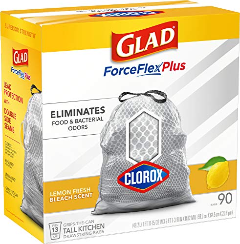 Glad Tall Kitchen Trash Bags ForceFlex Plus with Clorox, 13 Gallon, Lemon Fresh Bleach Scent 90 Count (Package May Vary)