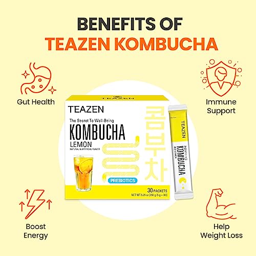 Teazen Kombucha Tea, Zero Sugar, Sparkling Fermented Powdered Mix Beverage From Korea, Live Probiotics & Prebiotics, 30 Sticks, 5.29Oz (Lemon) #TOP5