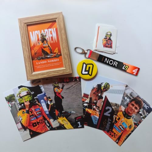 Image of TenorArts Lando Norris F1 Gift Box Merchandise for Fans - 5x7 Inches Laminated Photo Frame,1 Keychain, 1 Badge, 4 4x6 inches Posters, 10 Multi sized F1 Stickers - 5 items in 1 Box | Perfect for Gifting F1 Fans