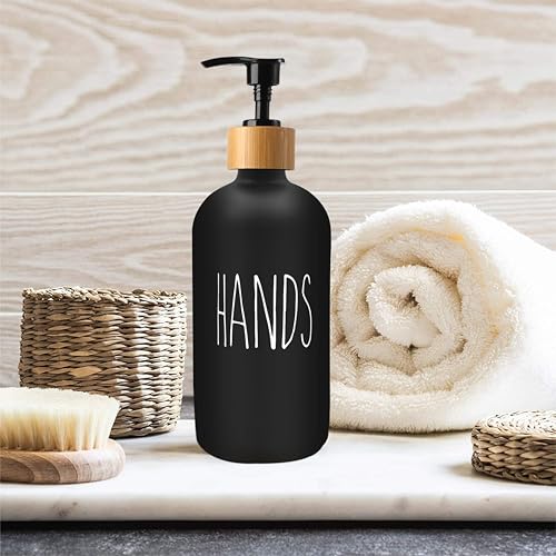 Image of Sunrise Premium 16 OZ Thick Black Glass Soap Dispenser, Bamboo Pump with Tray 2 Pack, Hand and Dish Soap Dispenser Set for Bathroom with 6 Waterproof Labels