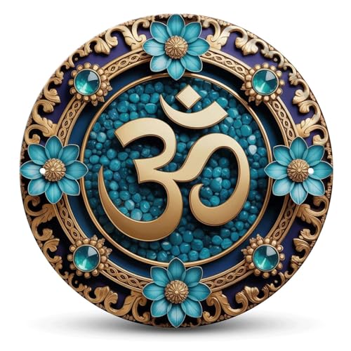 Om Symbol tin sign, Vintage Hindu Metal Sign Print Aesthetic Room Decoration for Home Bedroom Bar Cafe Garden and Outdoor Round Wall Decor (12 inch)