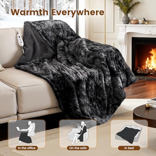 Image of Bearhug Heated Throw Blanket 50 inch x 60 inch Electric Throw Warming Blanket Reversible Faux Fur & Sherpa, 6 Heating Levels & 4H Auto Off, Over-Heat Protect, ETL, Washable Heated Blanket Marble Black