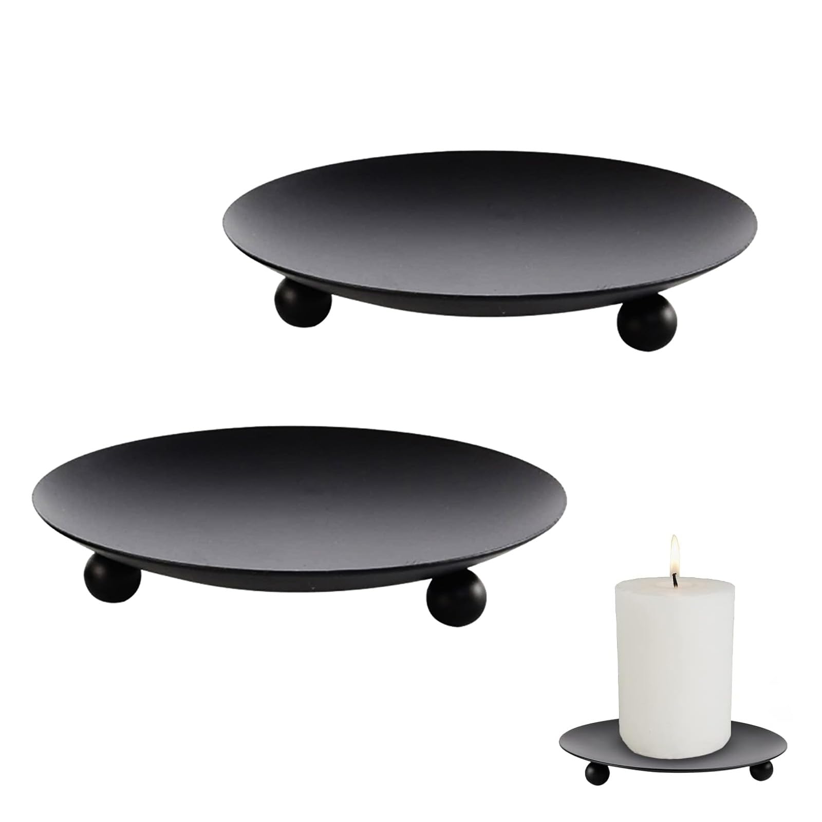 2 Pack Pillar Candle Holders, Black Metal Candle Plates and Trays, Iron Candle Dish Stand for LED Candles, Round Decorative Centerpiece for Wedding Party Table (Black)