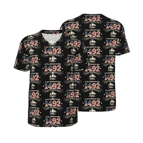 1492 It All Begun Men's Short Sleeve Baseball T-Shirt, Loose Fit Hip Hop Casual Top for Sports Party Beach White