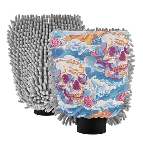 IOACIY Absorbent Microfiber Car Wash Drying Mitts, 2 Pack, Scratch-Free & Lint-Free, Rich Foam, Highly Absorbent, Double Sided, Wash Mitt Perfect for Car Washing, L, Skull (3)