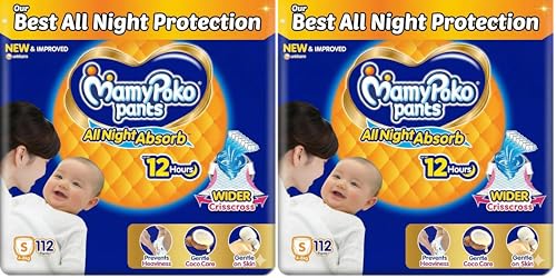 Image of Mamypoko pants All night absorb| Pant Style Baby Diapers Small Size(S), 112 Count, Ideal for upto 5Kgs|1 Diaper: Upto All night Absorption|Wider Crisscross Sheet|Gentle Coco Care| 12hr Leakage Protection| Prevents Heaviness (Pack of 4)